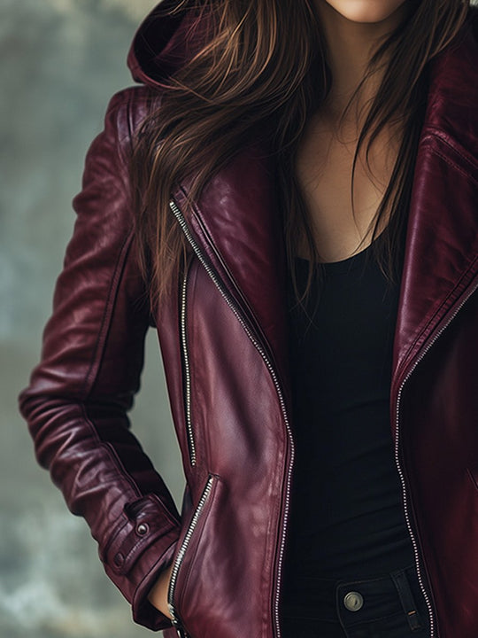 Chic Retro Loose Hooded Zipper Leather Jacket