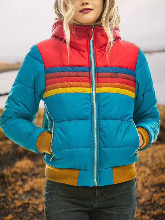 Women's Casual Hooded Rainbow Colorblock Jacket