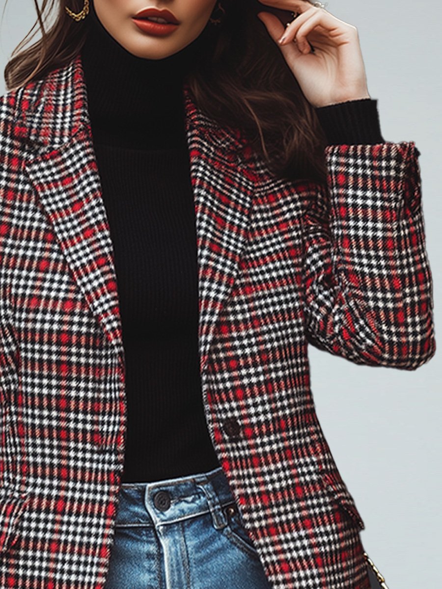 Retro Casual Red Plaid Blazer