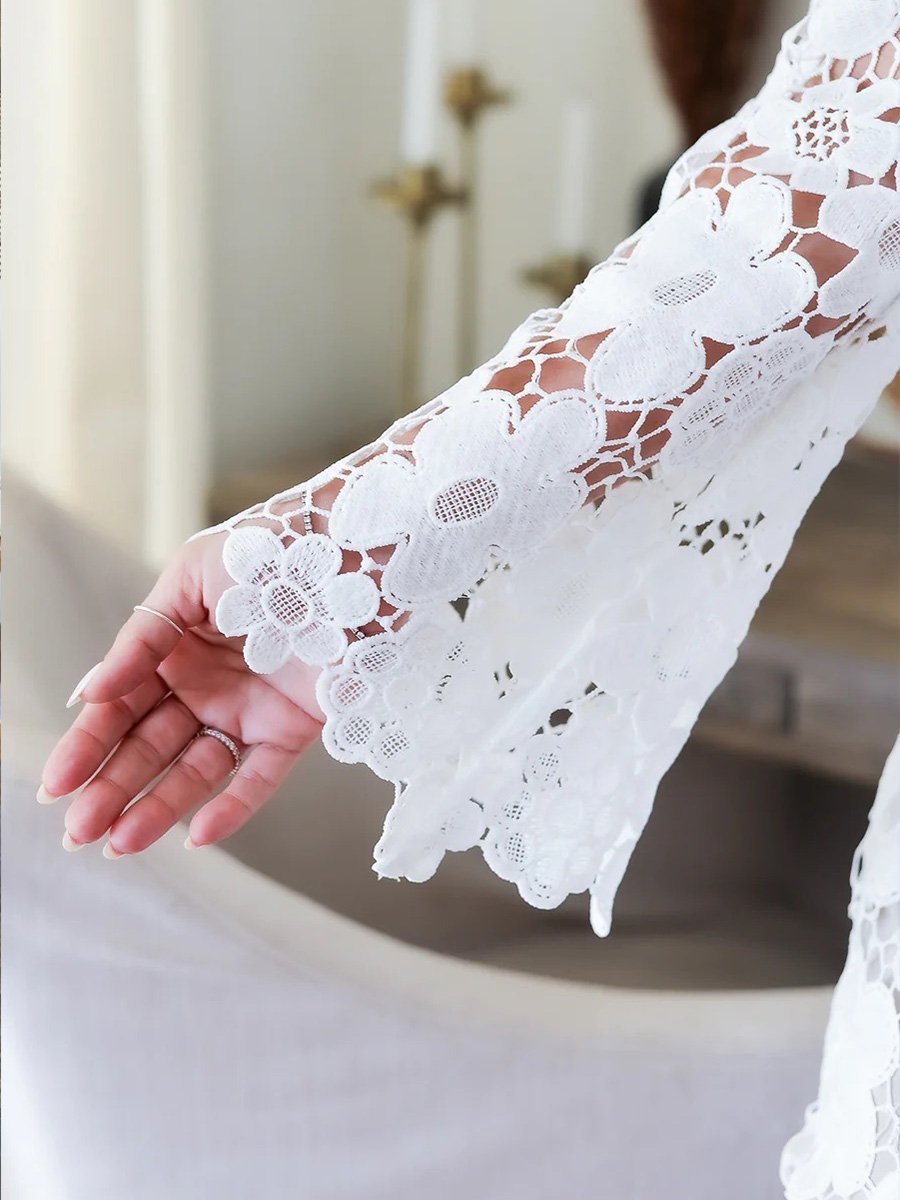 Fashion Round Neck Lace Flower Double Layer Long Sleeve Hollow Dress