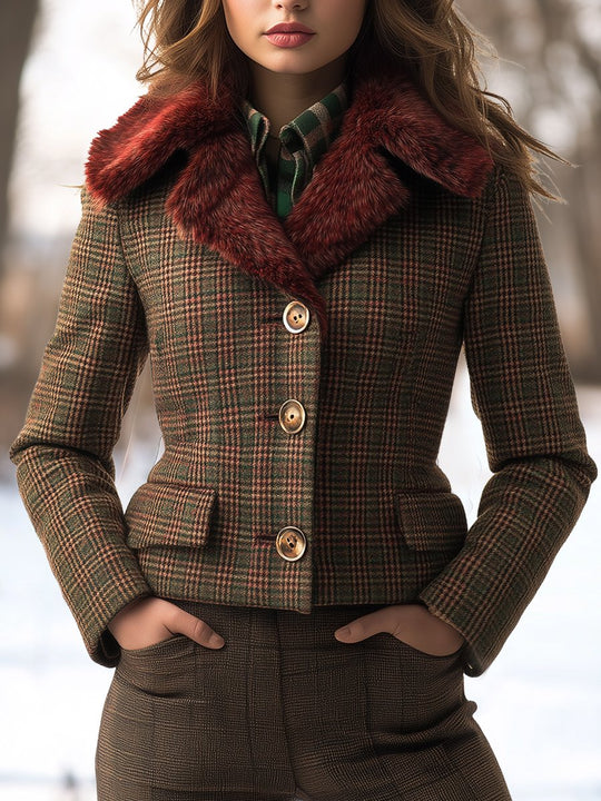 Fur Collar Tailored Fitted Plaid Pattern Woolen Jacket