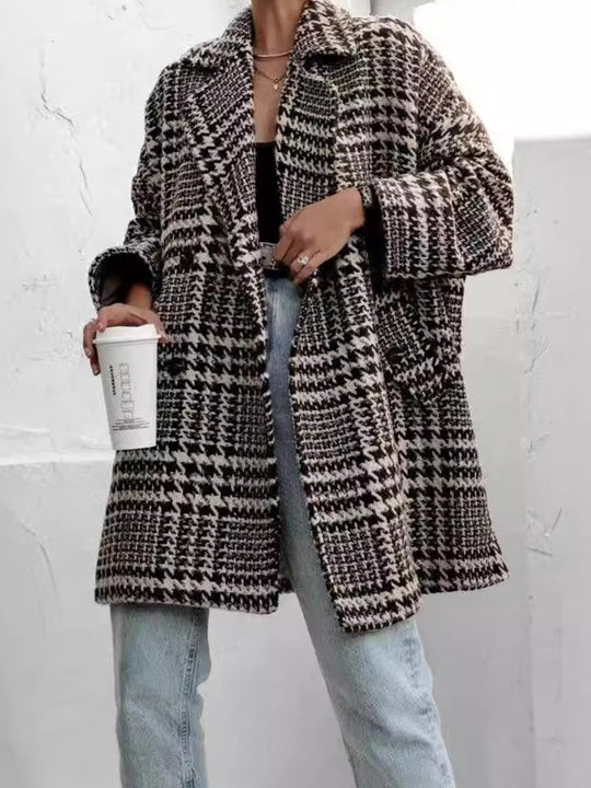 Thickened Plaid Mid-length Wool Coat with Lining