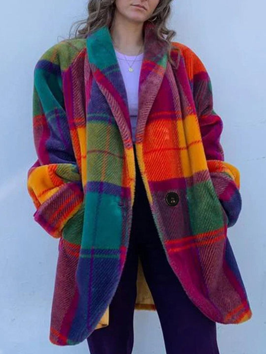 Fashion Lapel Color-blocked Printed Woolen Long Coat