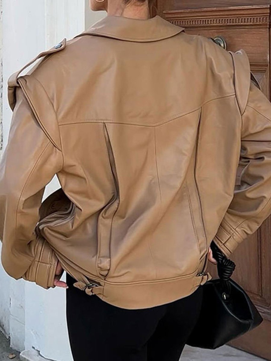 Fashion Lapel Long Sleeve Leather Jacket