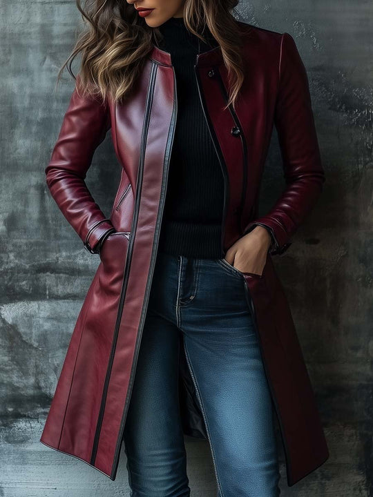 Women's Retro Contrast Color Stand Collar Leather Coat