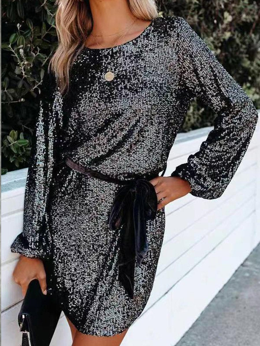 Sequined Fitted Lantern Sleeve Round Neck Belted Dress