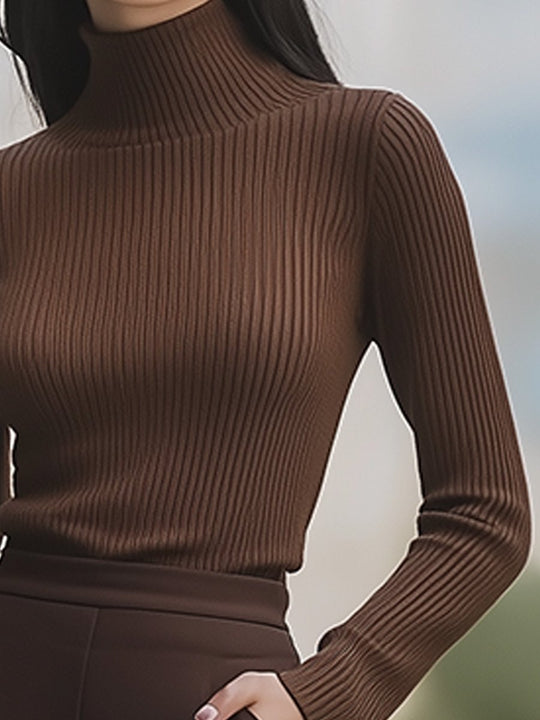 Elegant and Comfortable Brown Elastic High Collar Bottoming Shirt