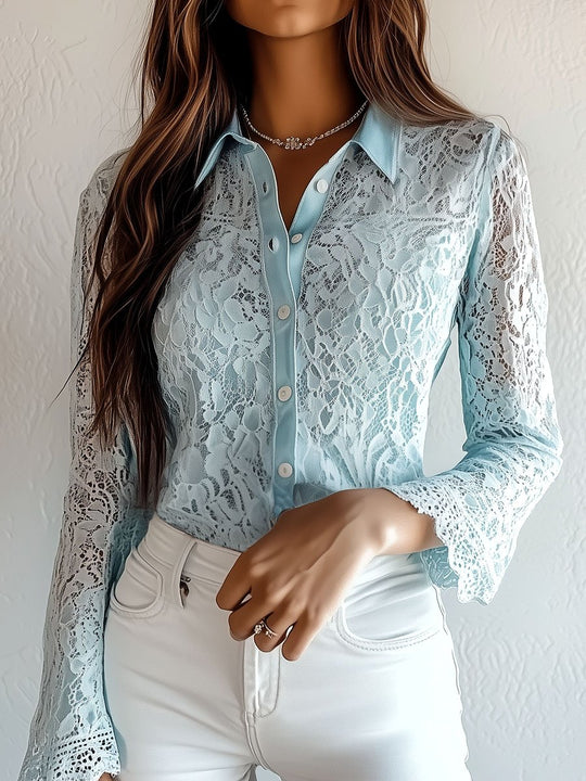 Elegant Lapel Single-breasted Long Sleeve Lace Shirt