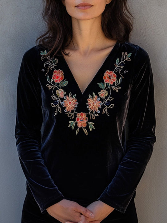 Casual Vintage V-Neck Velvet Embroidered Shirt