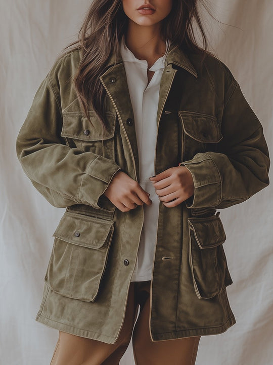 Outerdoor Multiple-pockets Button Down Suede Trench Coat