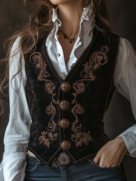 Women's Vintage Gold Paisley Embroidered Suede Vest