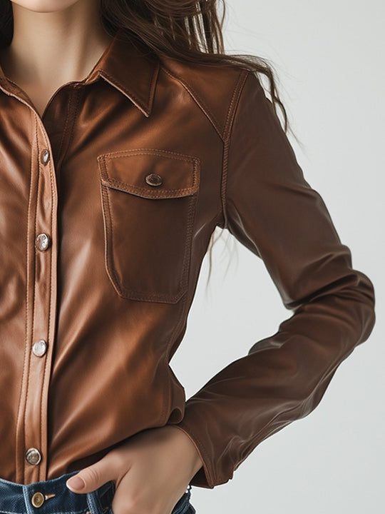 Brown Vintage Pocket Button Leather Shirt