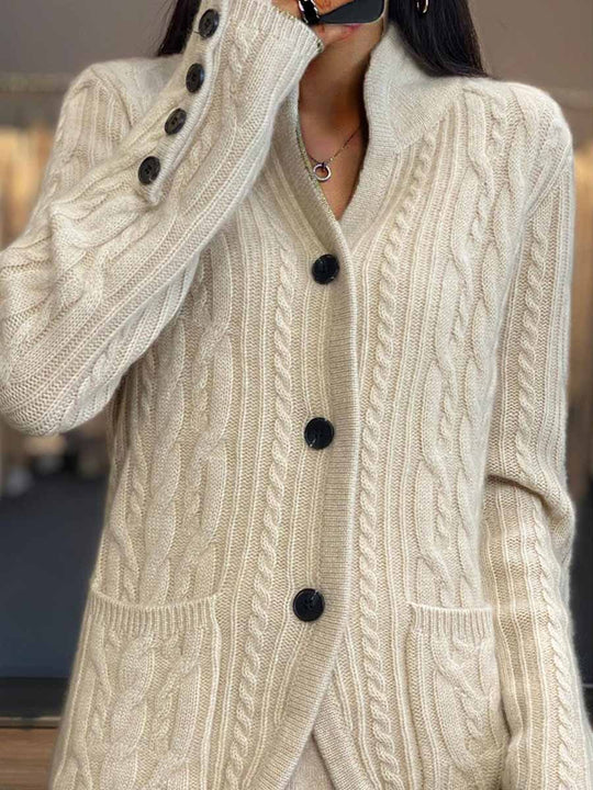 Braided Button Stand Collar Knitted Cardigan