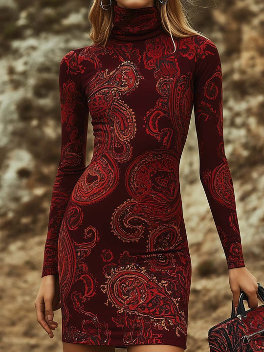 Long Sleeve High Collar Paisley Bodycon Dress