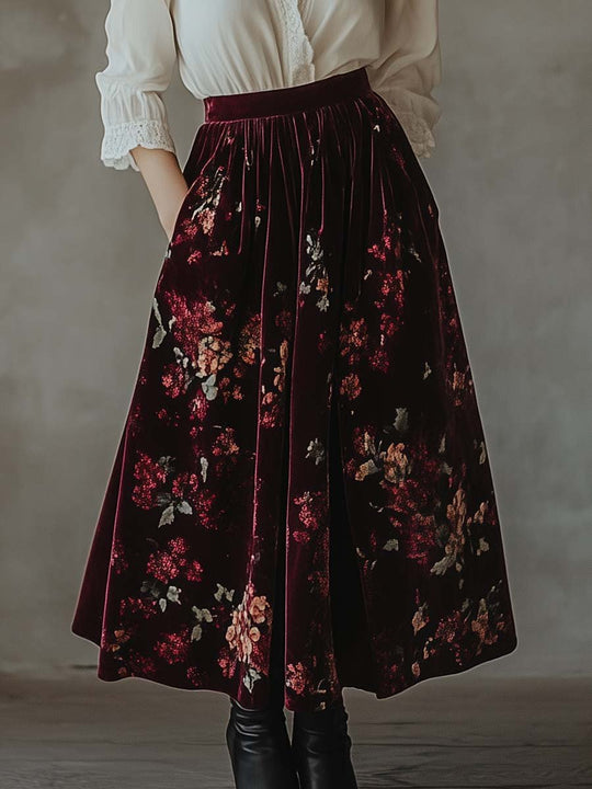 Women's Vintage Lace Blouse Velvet Skirt Set