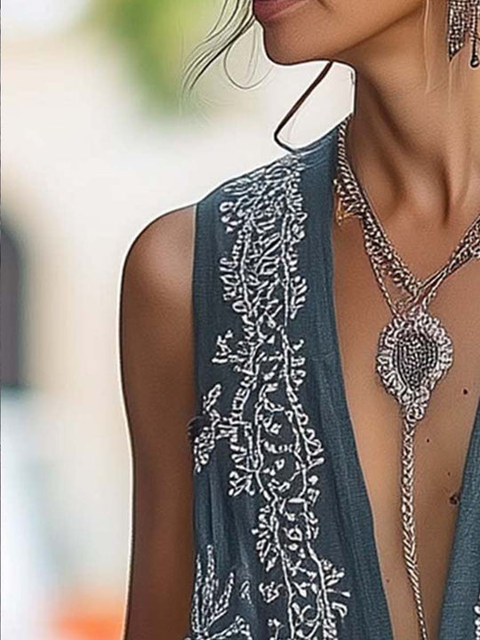 Embroidered Boho Open-Front Linen Vest