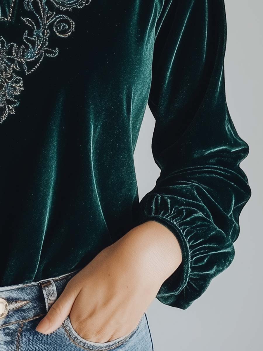 Women's Vintage Silver Embroidered Velvet Blouse