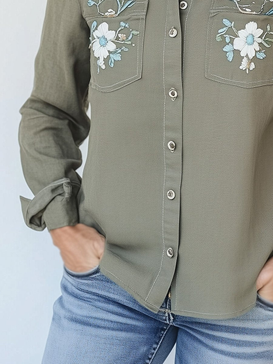 Fashion Retro Floral Embroidery Distressed Washed Work Shirt