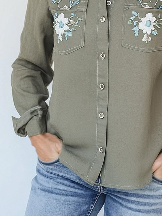 Fashion Retro Floral Embroidery Distressed Washed Work Shirt