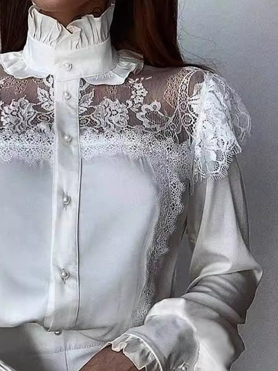 White High Collar Mesh Lace Patchwork Ruffled Shirt