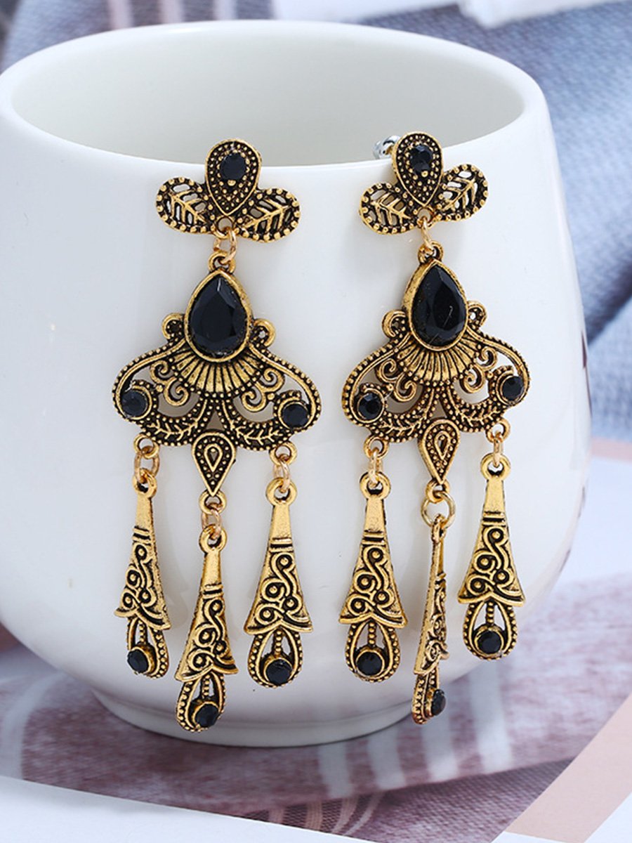 Retro Ethnic Style Hollow Leaf Gemstone Water Drop Tassel Earrings