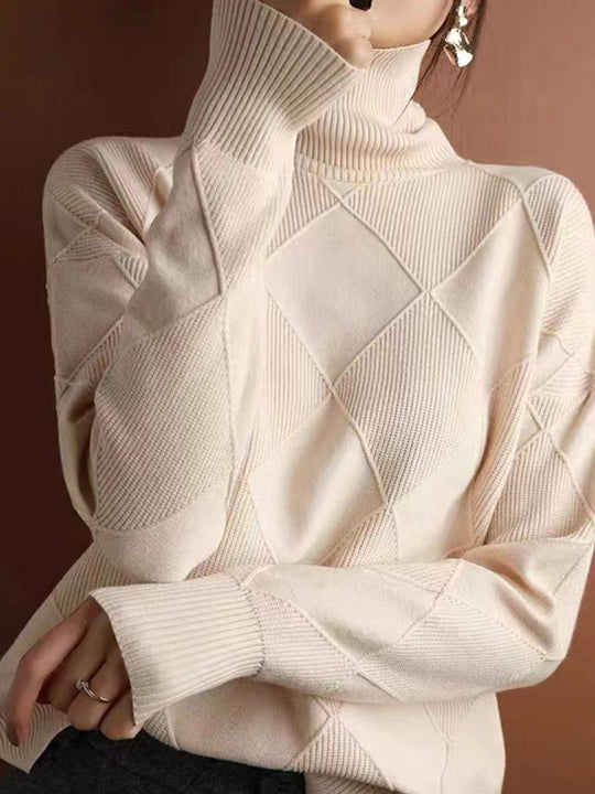 High Collar Pullover Diamond Shaped All-match Solid Color Sweater