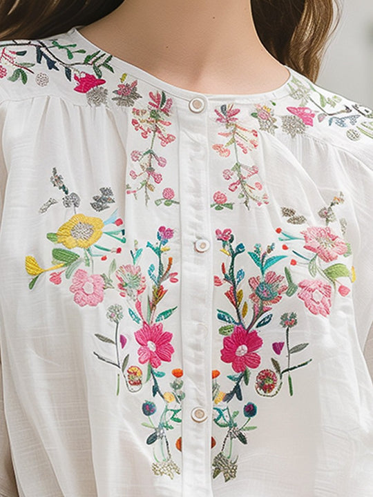 Cotton and Linen Floral Embroidery Long Sleeve Shirt