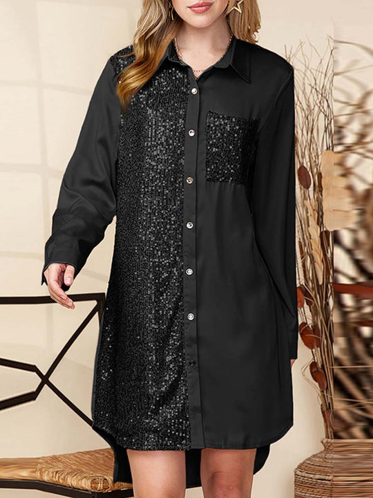 Women's Sequined Long Sleeve Shirt Dress