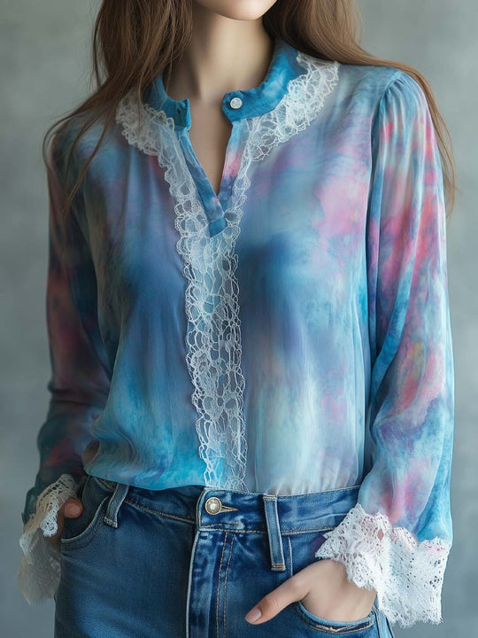 Tie-Dyed Chiffon Lace Trim Shirt