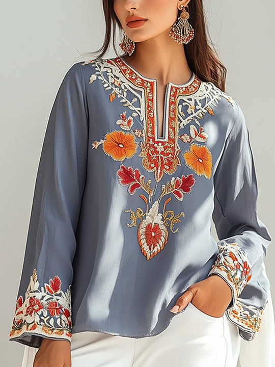 Elegant Floral Embroidered Tunic Blouse