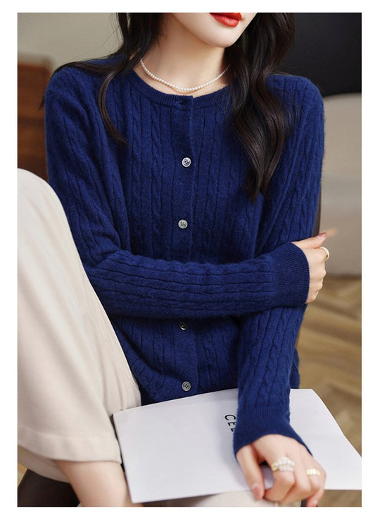 Fashion Round Neck Slim Fit Cable Knit Cardigan