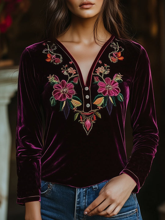 Vintage Henley Collar Embroidery Velvet T-shirt