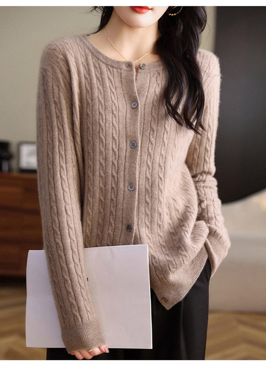 Fashion Round Neck Slim Fit Cable Knit Cardigan