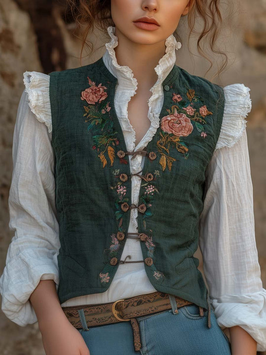 Rustic Elegance Embroidered Green Vintage Vest