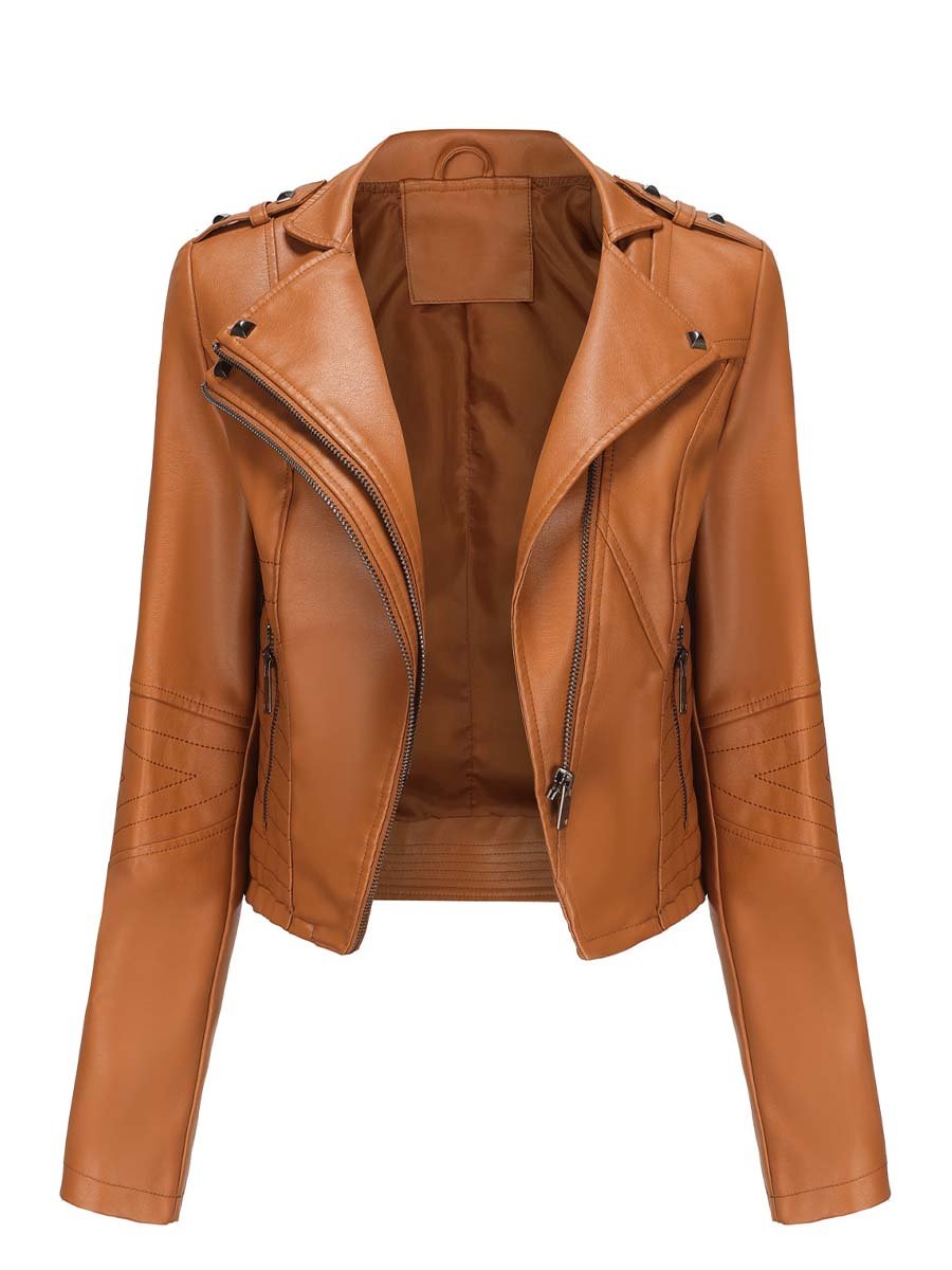 Women's Rivet Slim Fit Zipper Leather Jacket