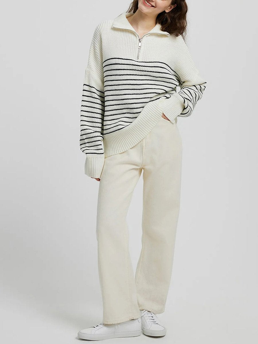 Turtleneck Striped Colorblock Long Sleeve Zipper Pullover Knit Sweater