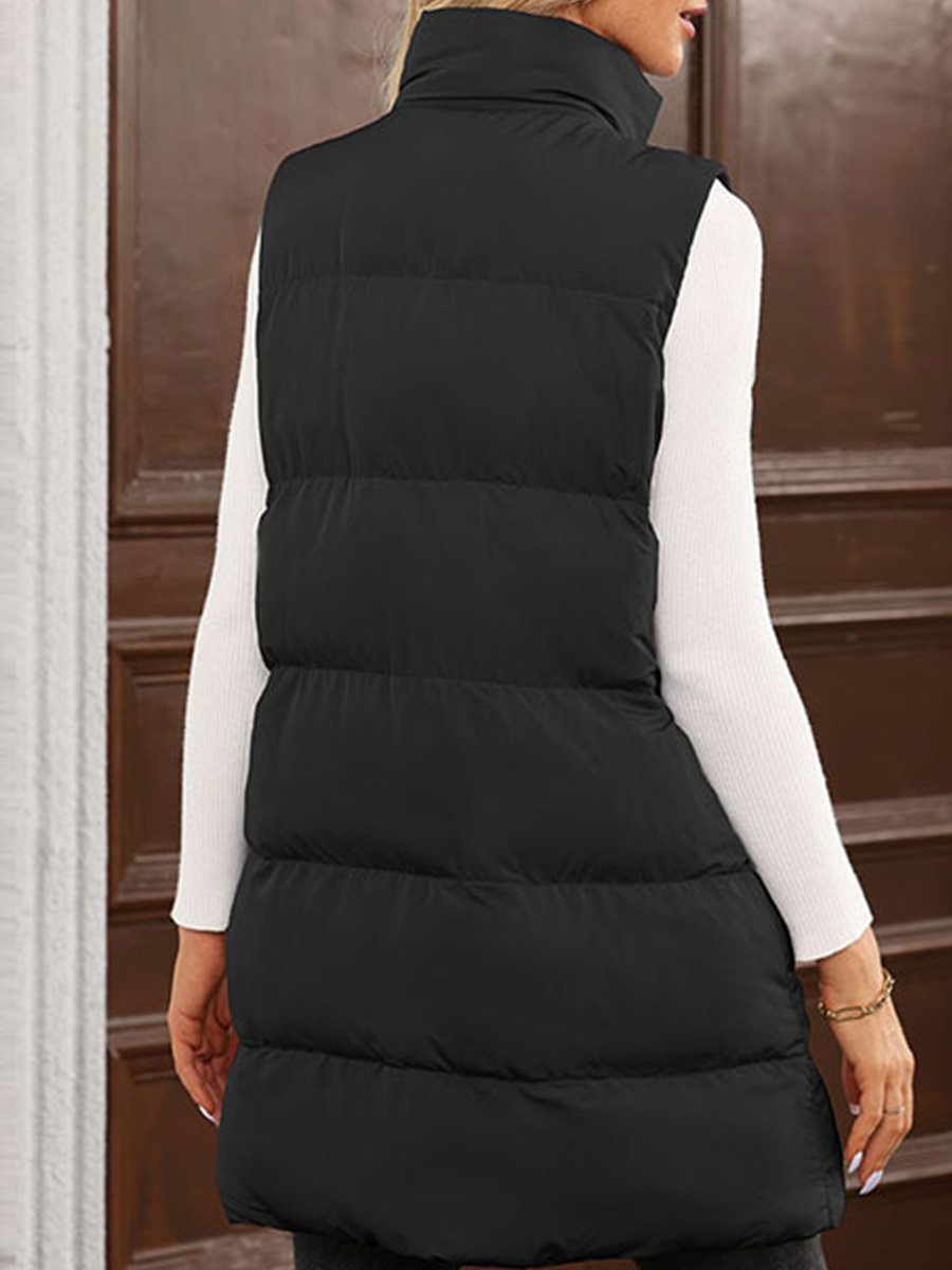 Casual Solid Color Zipper Sleeveless Long Vest