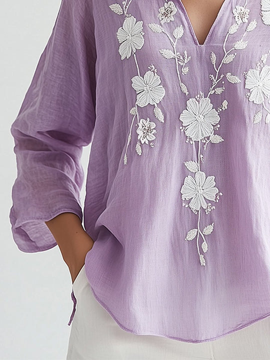 Elegant Lavender Floral Embroidered with Relaxed Fit Blouse