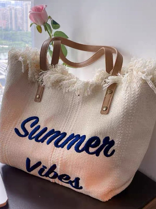 Embroidered Tassel Large Canvas Tote Bag