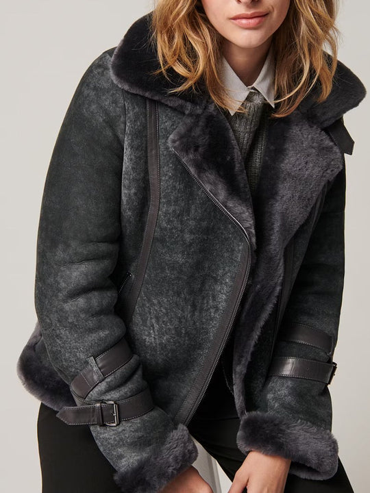 Fashionable Fur Collar Warm Sheepskin Bomber Jacket