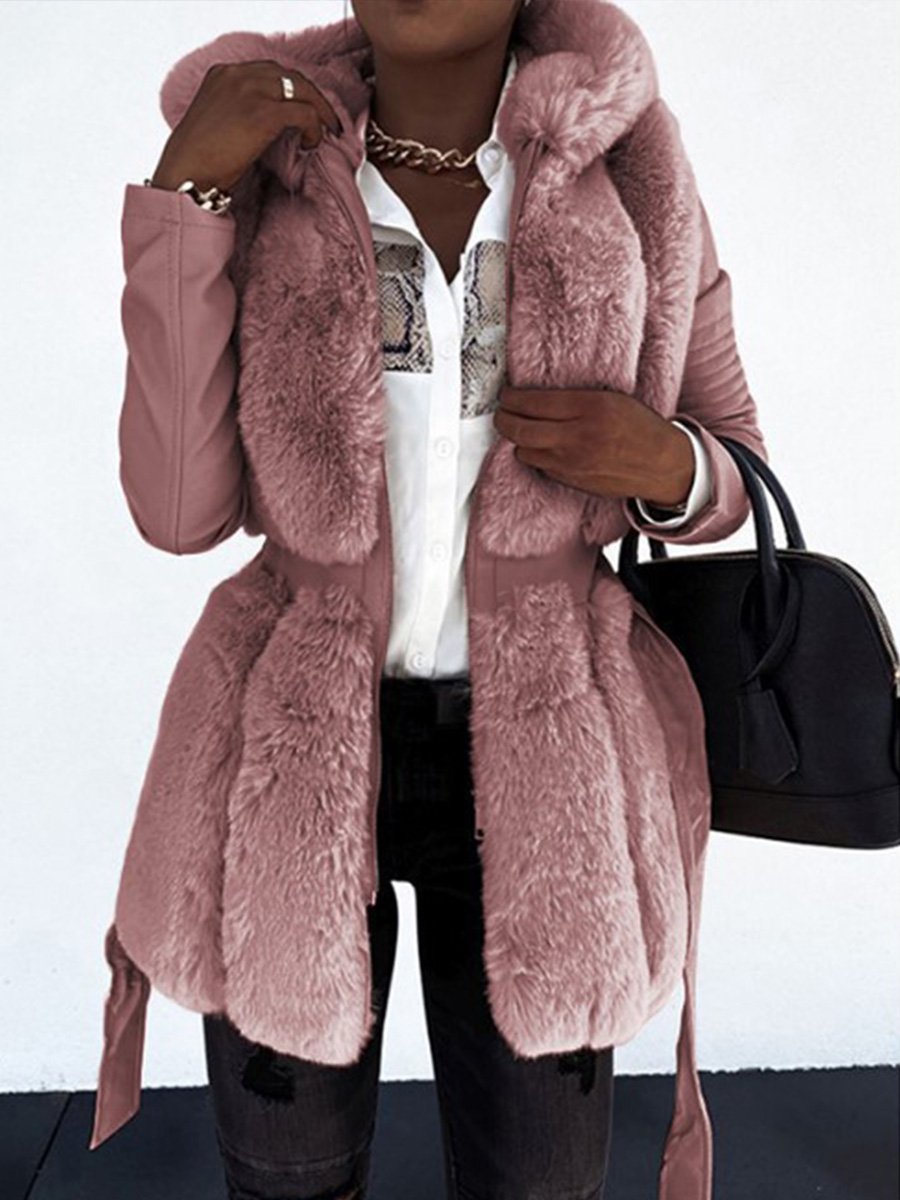 Hooded Solid Zippered Belt Faux Fur Coat Jacket