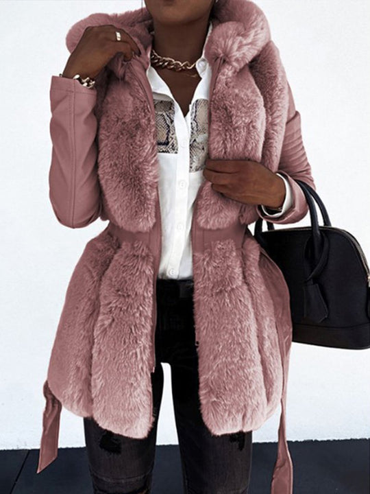 Hooded Solid Zippered Belt Faux Fur Coat Jacket