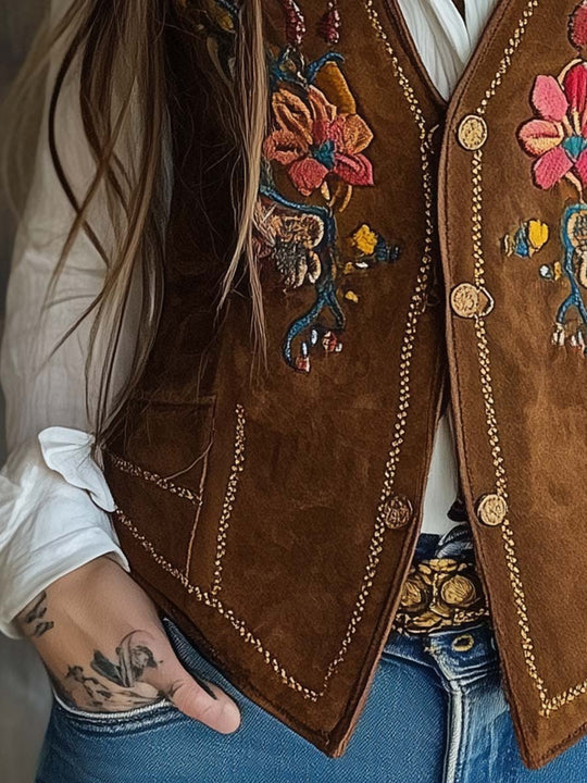 Vintage Gold Trim Flower Embroidered Suede Vest