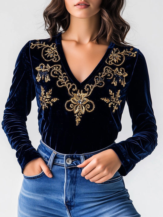 Women's Stylish V-neck Golden Embroidery Velvet Top