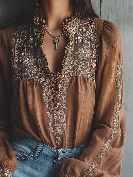 Rustic Elegance Embroidered Sheer Blouse