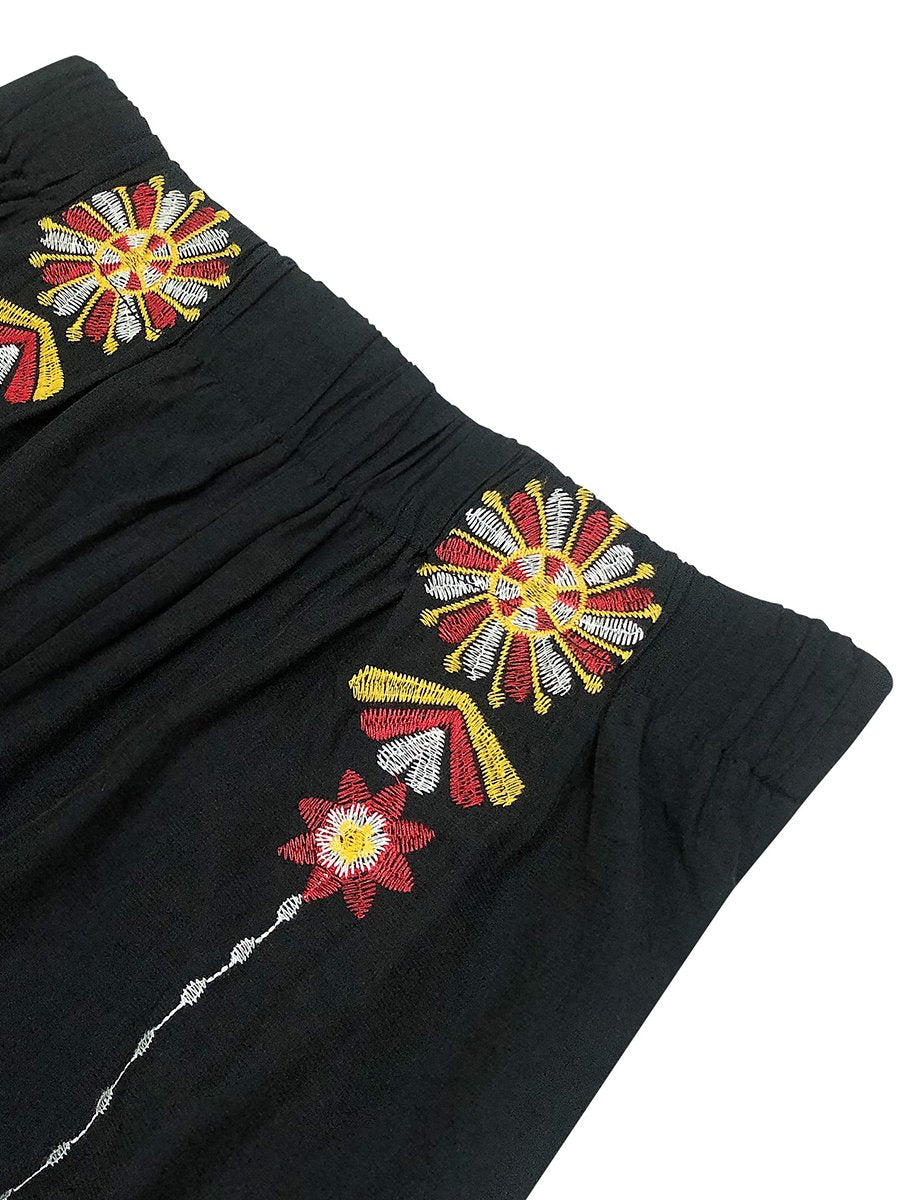 Elegant Embroidered Elastic Waist Loose Fit Straight-leg Pants