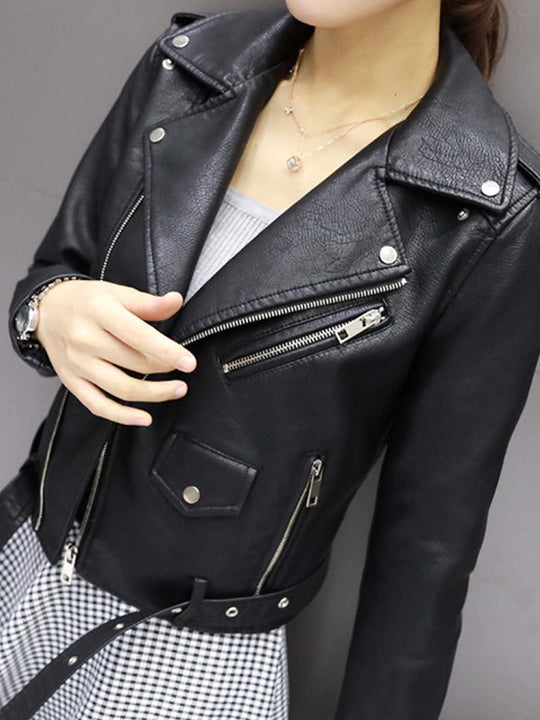 Women's Vintage Washed Diagonal Zipper Leather Biker Jacket