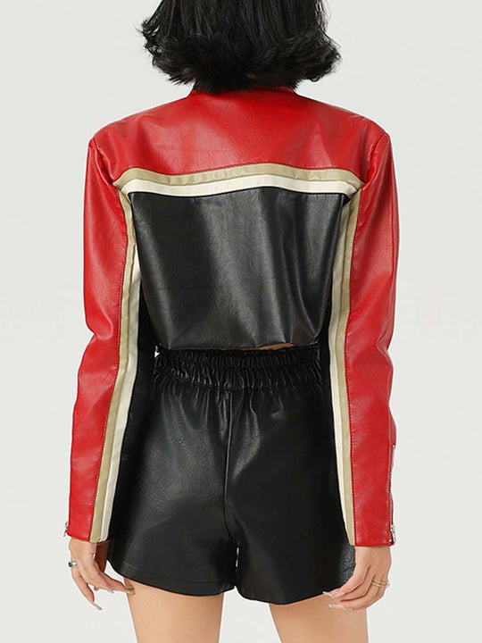 Women's Contrast Color PU Leather Biker Jacket