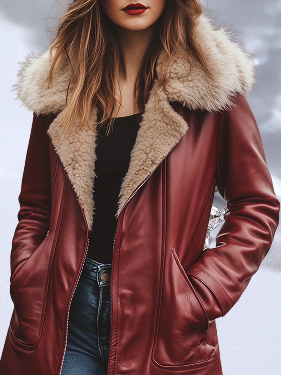 Vintage Red Fur Collar Warm Mid-length Leather Jacket