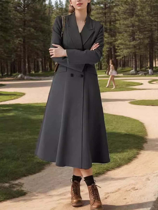 Knee-Length Padded Lapel Woolen Coat